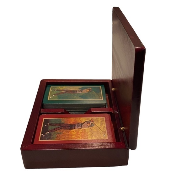 Dual Set of Playing Cards in Rosewood Box with Lid and Golf Ball Design on Box - Picture 10 of 12